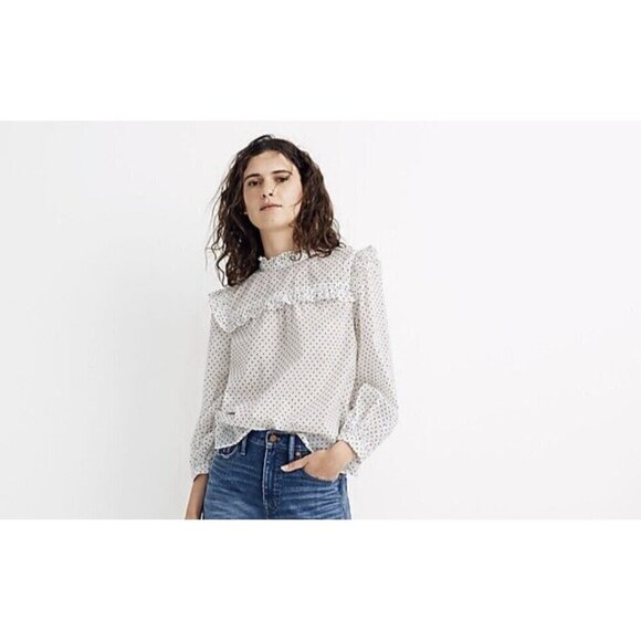 MADEWELL Women’s Mock Neck Ruffle Top in Flocked Dot White Black Polka Dot Sz S - Picture 1 of 11